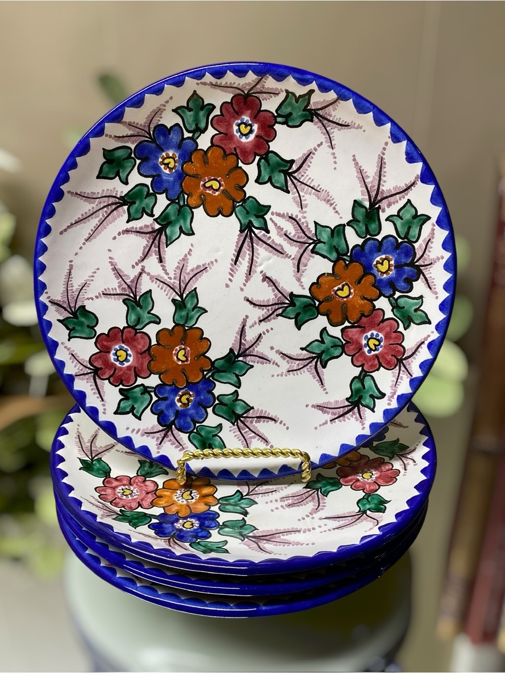 Talavera Pottery Plates Puebla Mexico Floral Blue Edge Hand Painted Set Of 4